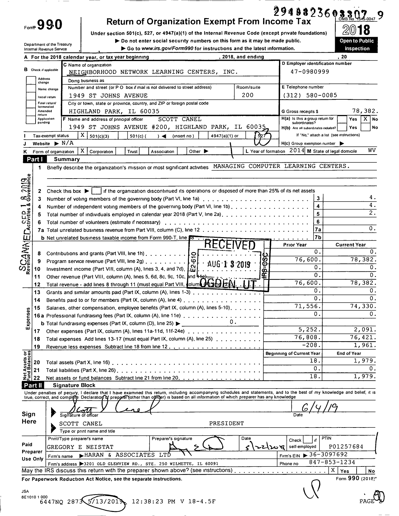 Image of first page of 2018 Form 990 for Neighborhood Network Learning Centers