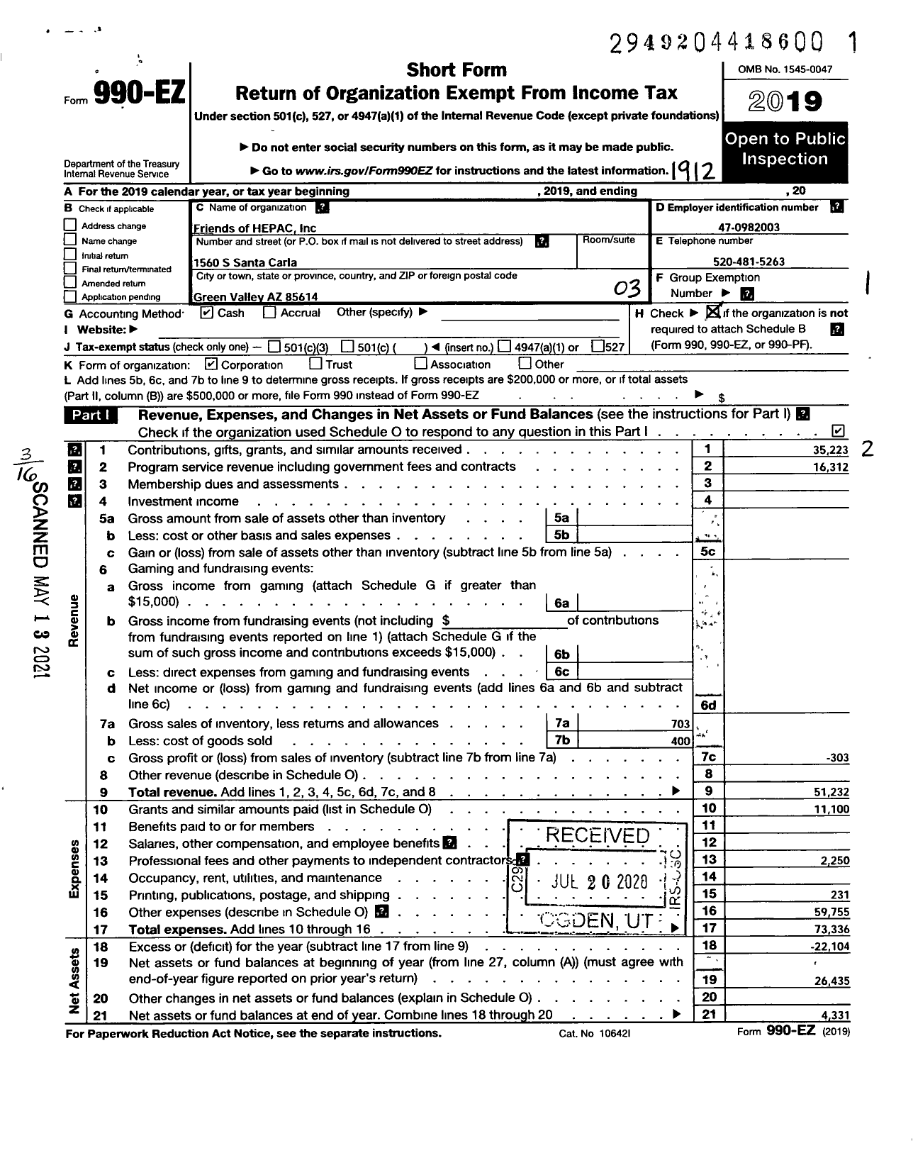 Image of first page of 2019 Form 990EZ for Asylum Program of Arizona