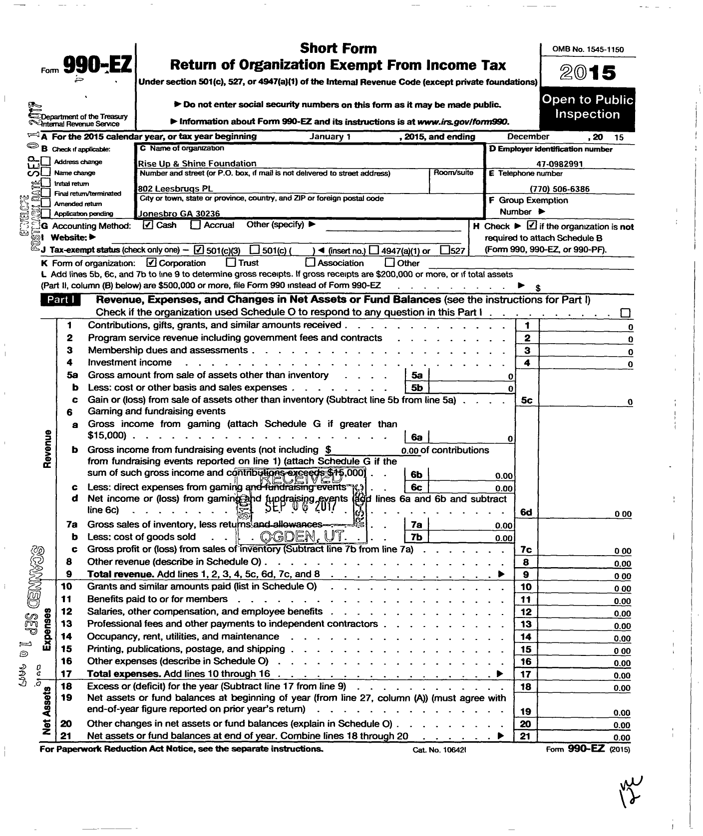 Image of first page of 2015 Form 990EZ for Rise UP & Shine Sports Foundation I nc