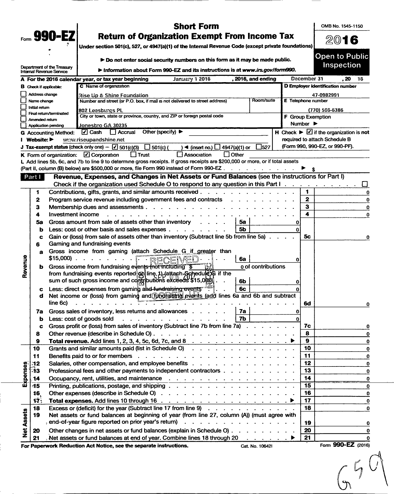 Image of first page of 2016 Form 990EZ for Rise UP & Shine Sports Foundation I nc