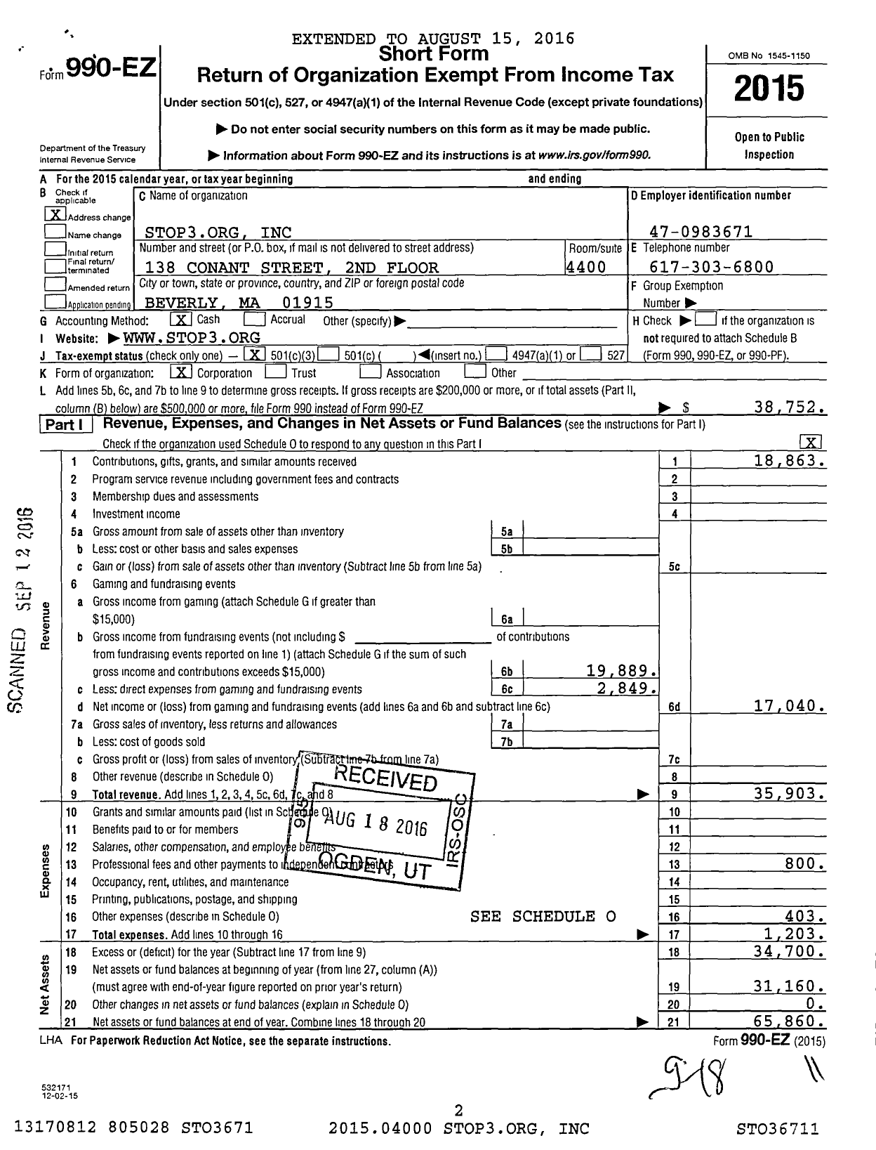 Image of first page of 2015 Form 990EZ for Stop3org