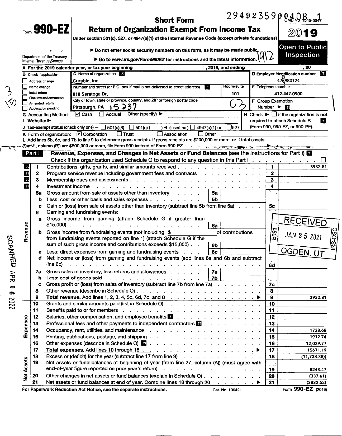 Image of first page of 2019 Form 990EZ for Save Jon Curable