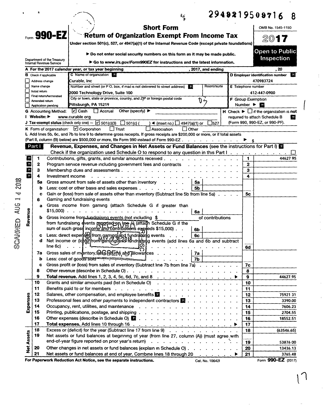 Image of first page of 2017 Form 990EZ for Save Jon Curable