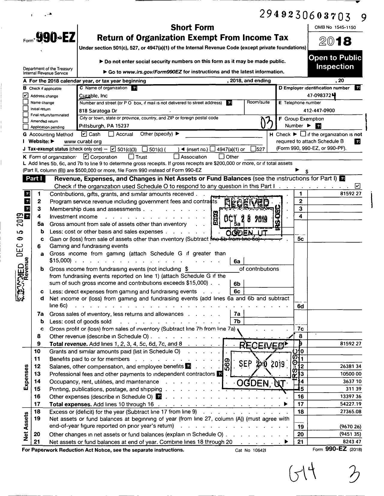 Image of first page of 2018 Form 990EZ for Save Jon Curable