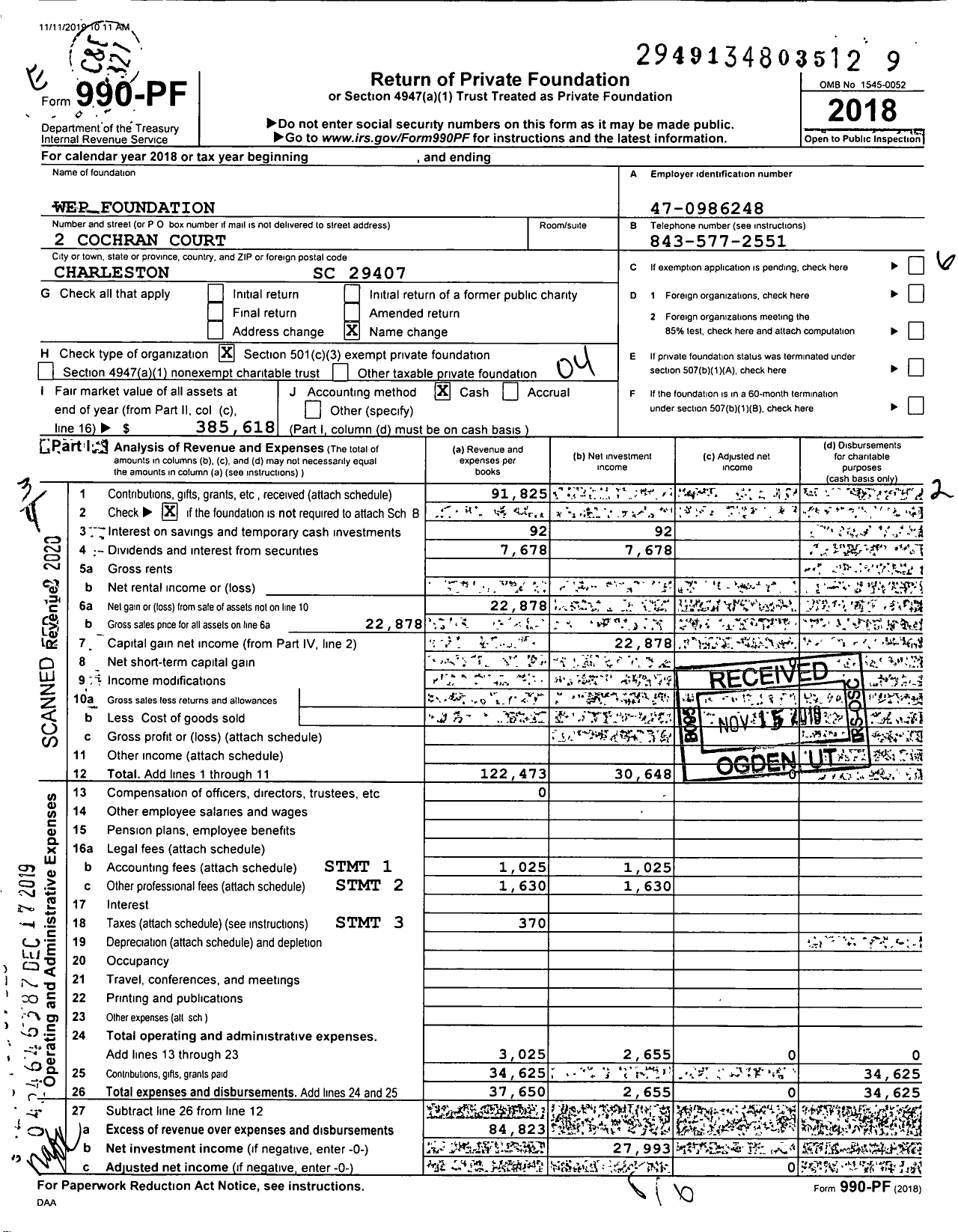 Image of first page of 2018 Form 990PF for Wep Foundation
