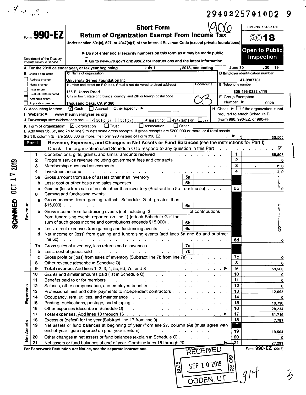 Image of first page of 2018 Form 990EZ for University Series Foundation