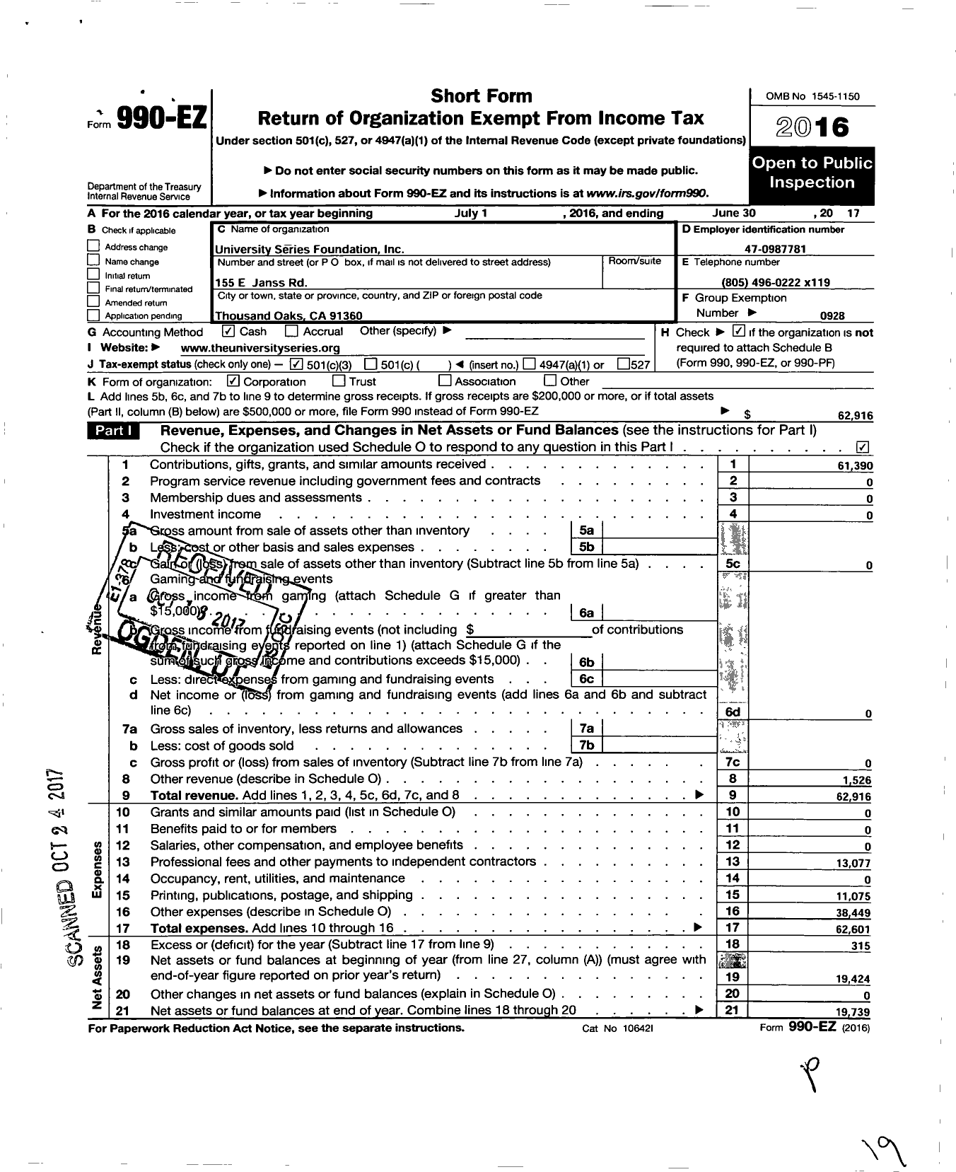 Image of first page of 2016 Form 990EZ for University Series Foundation