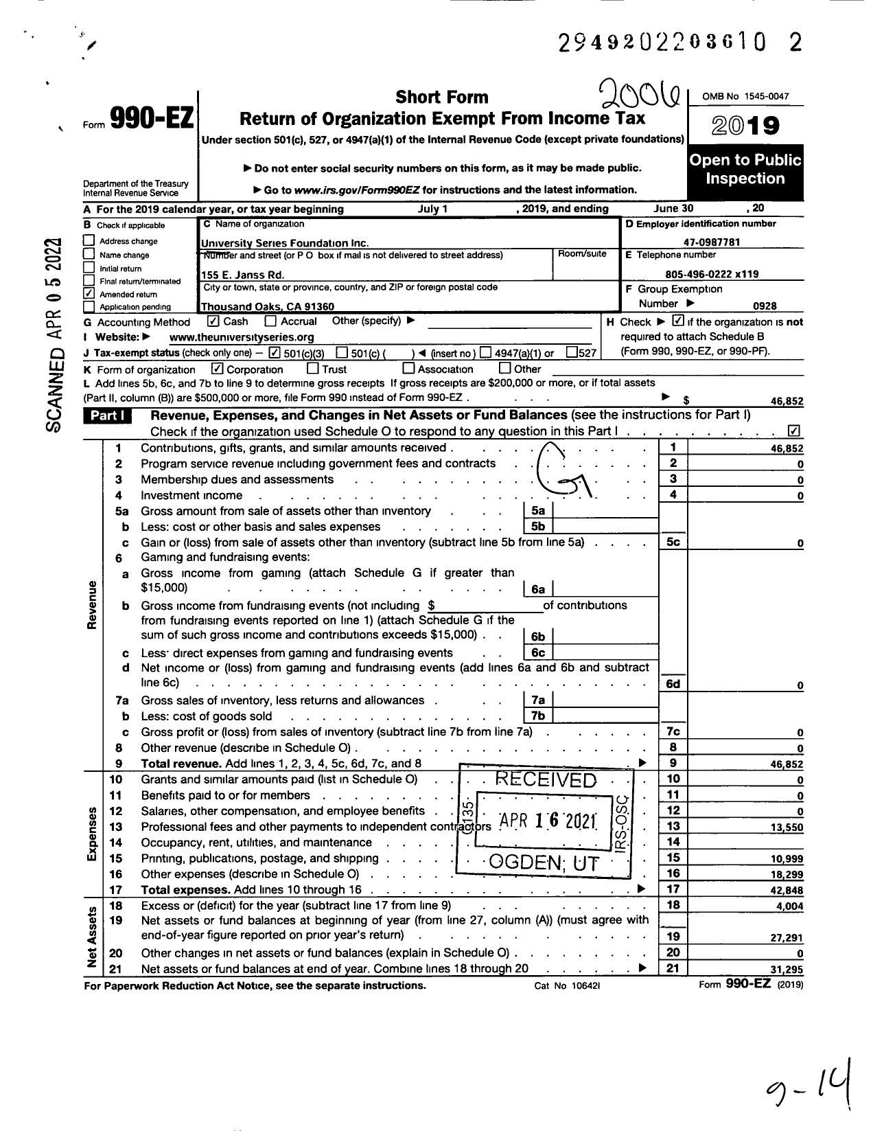 Image of first page of 2019 Form 990EZ for University Series Foundation