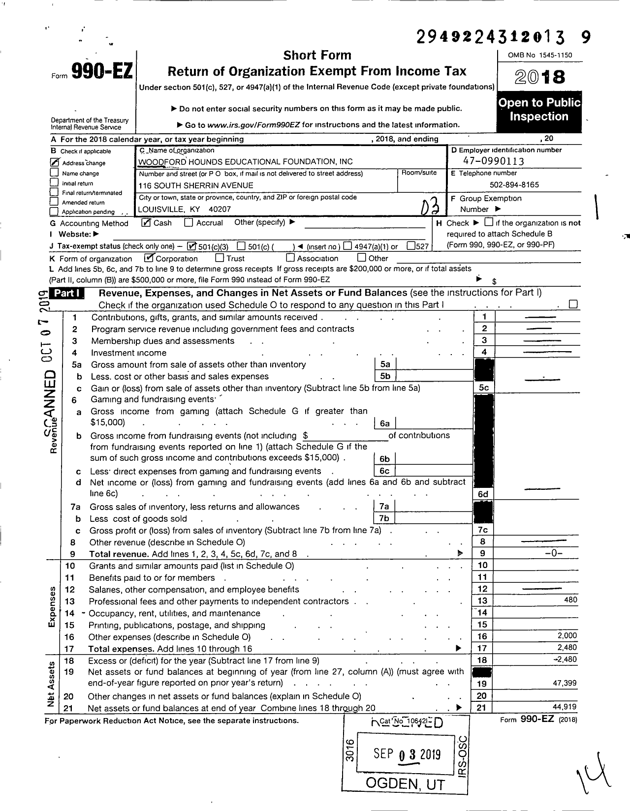 Image of first page of 2018 Form 990EZ for Woodford Hounds Educational Foundation