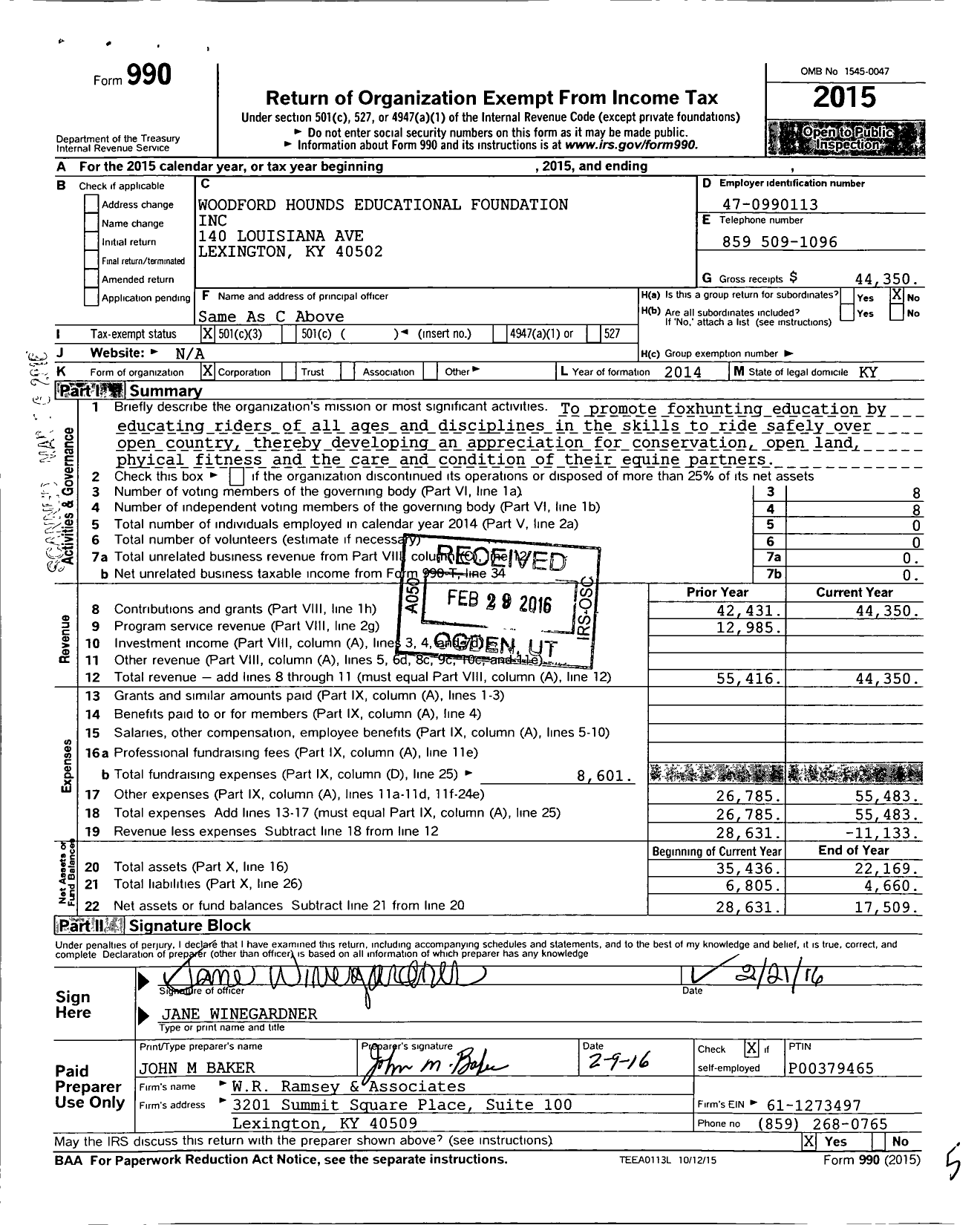 Image of first page of 2015 Form 990 for Woodford Hounds Educational Foundation