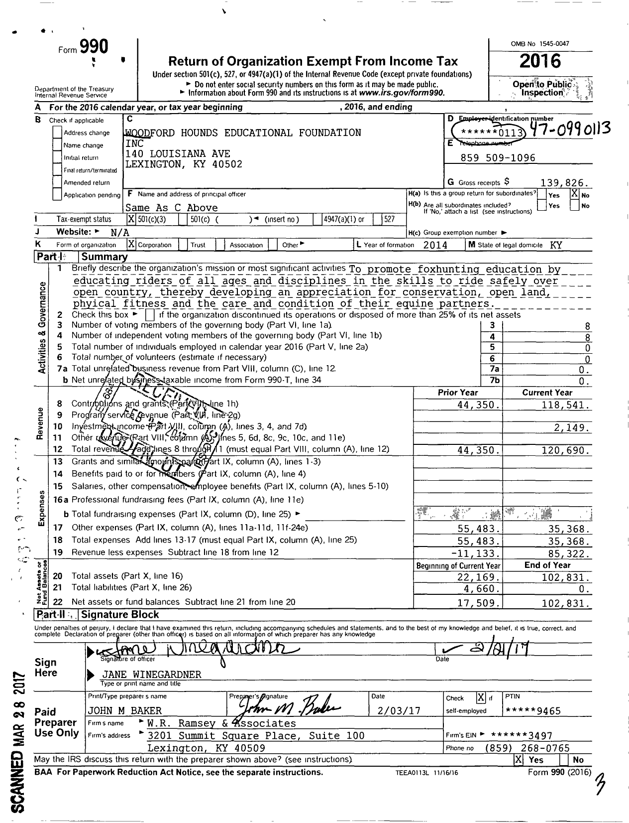 Image of first page of 2016 Form 990 for Woodford Hounds Educational Foundation