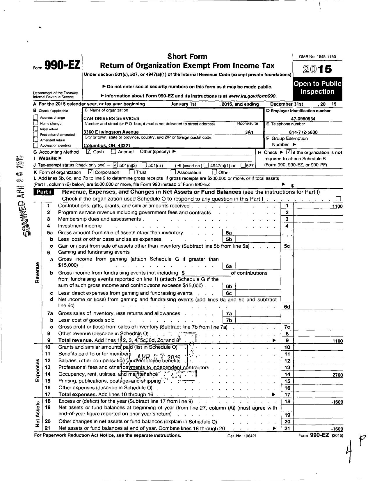 Image of first page of 2015 Form 990EZ for Cab Drivers Services (CDS)