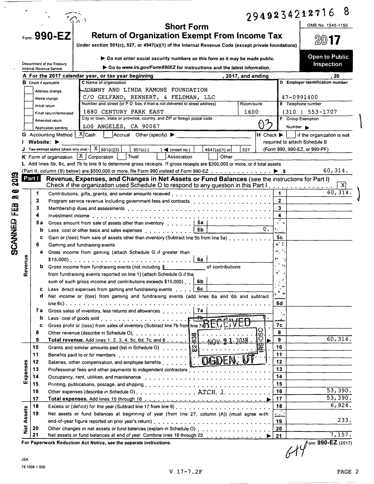 Image of first page of 2017 Form 990EZ for Johnny and Linda Ramone Foundation