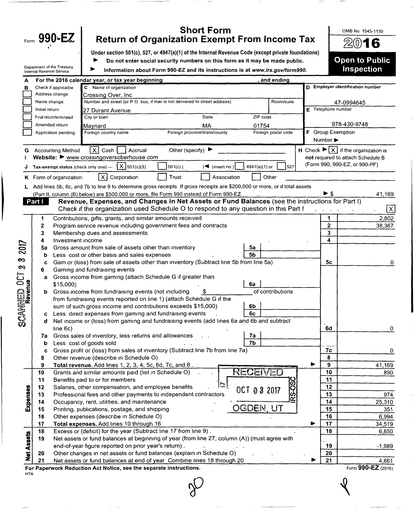 Image of first page of 2016 Form 990EZ for Crossing Over