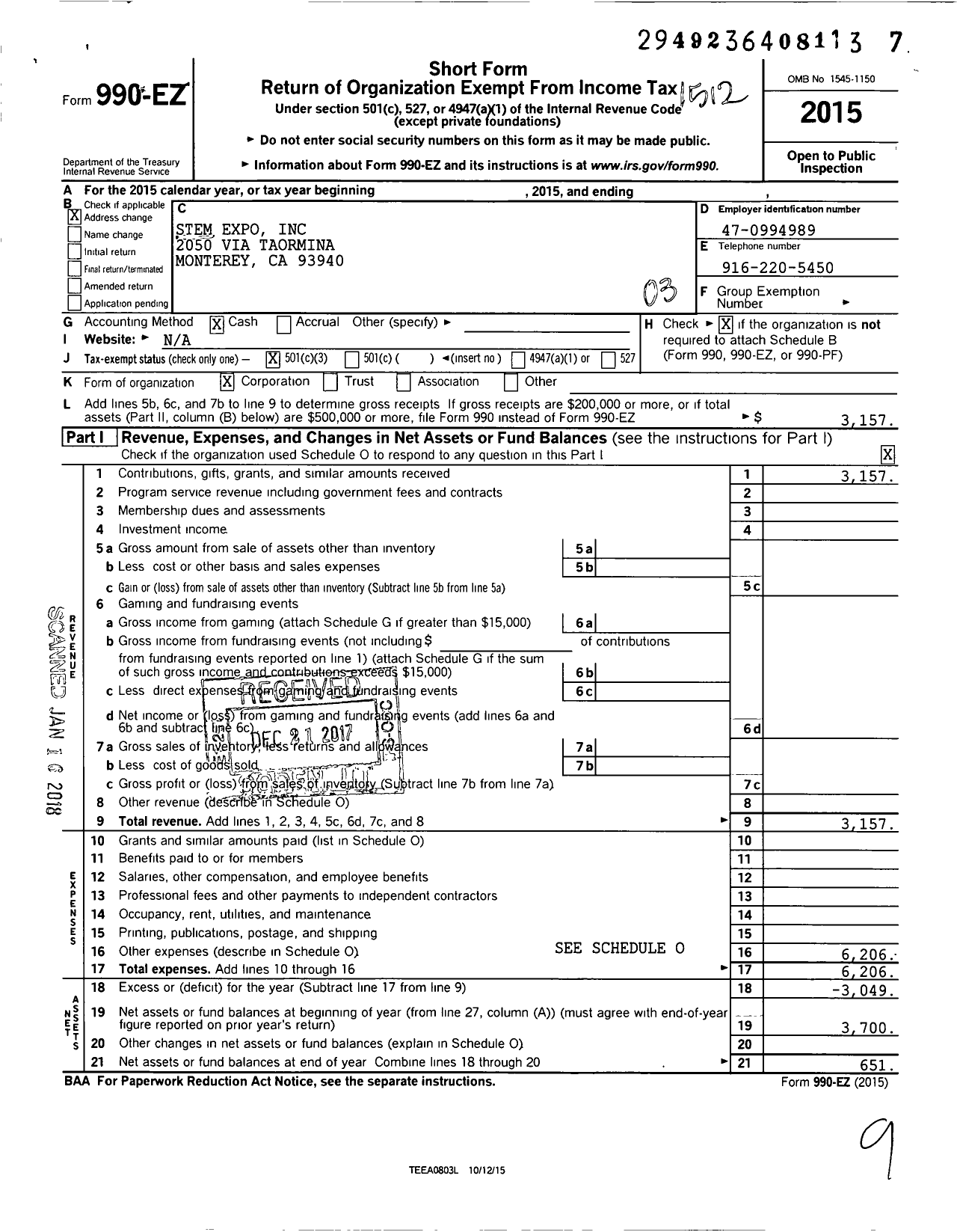 Image of first page of 2015 Form 990EZ for Stem Expo