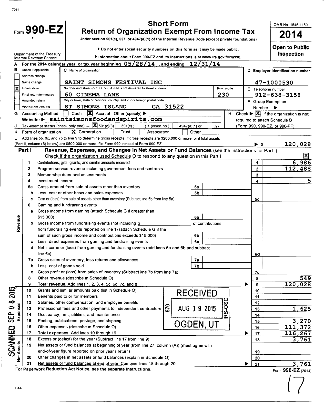 Image of first page of 2014 Form 990EZ for Saint Simons Festival