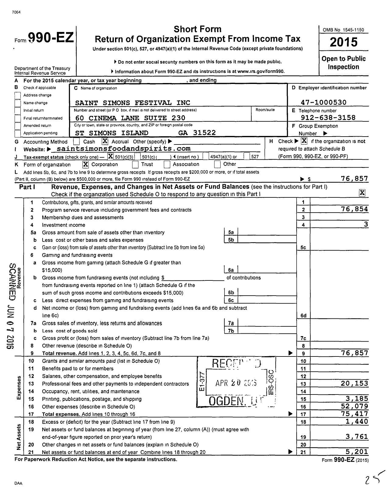 Image of first page of 2015 Form 990EZ for Saint Simons Festival