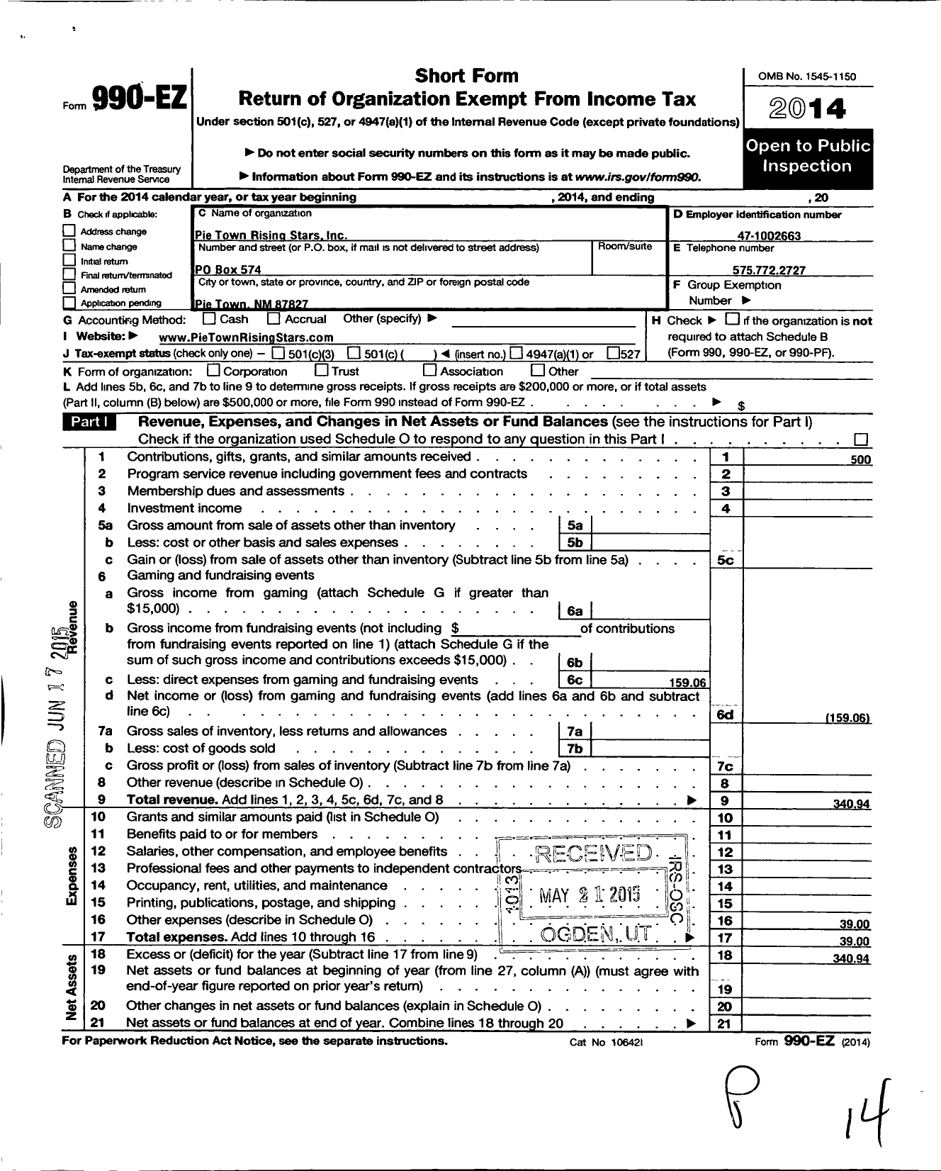 Image of first page of 2014 Form 990EO for Pie Town Rising Stars