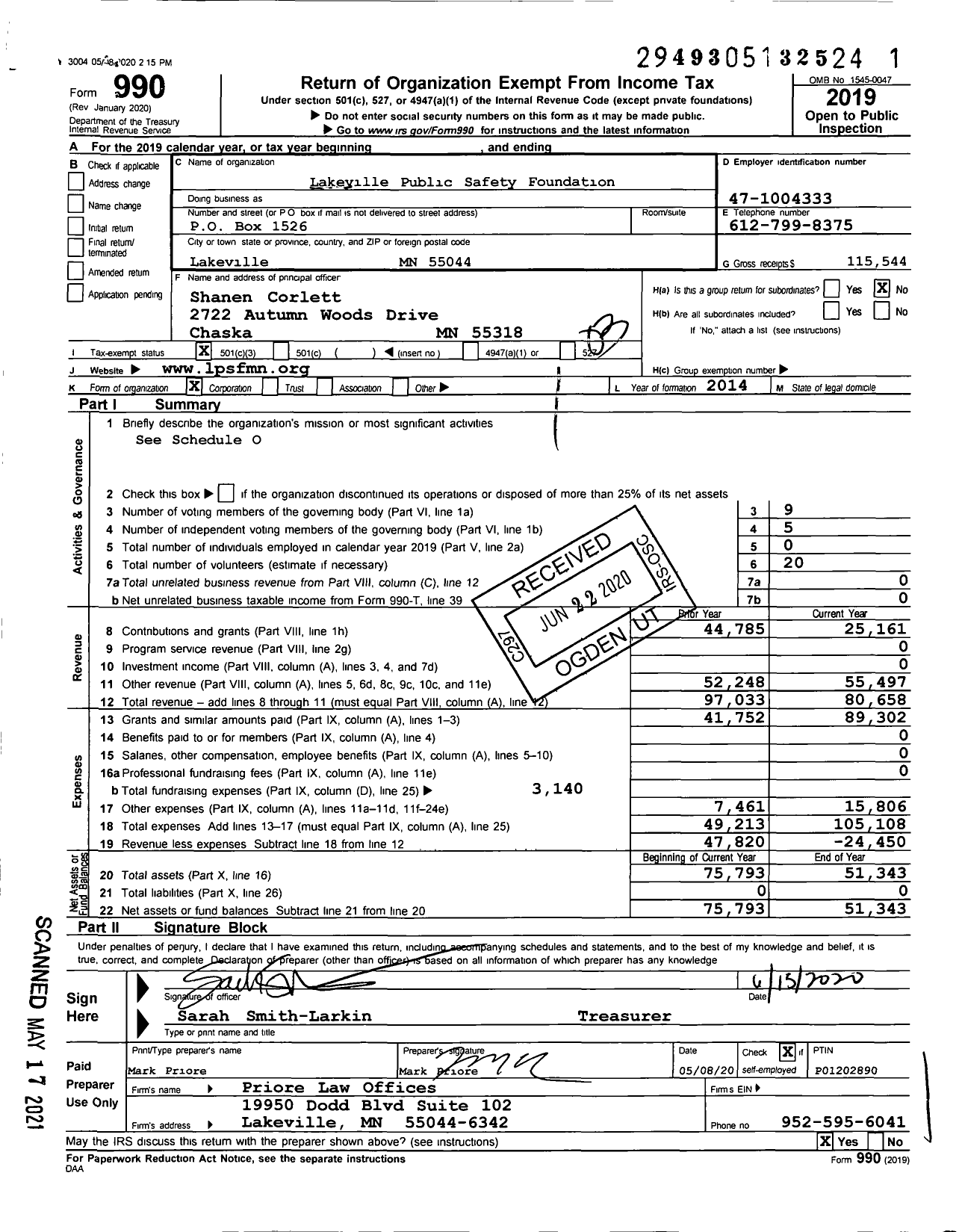 Image of first page of 2019 Form 990 for Lakeville Public Safety Foundation