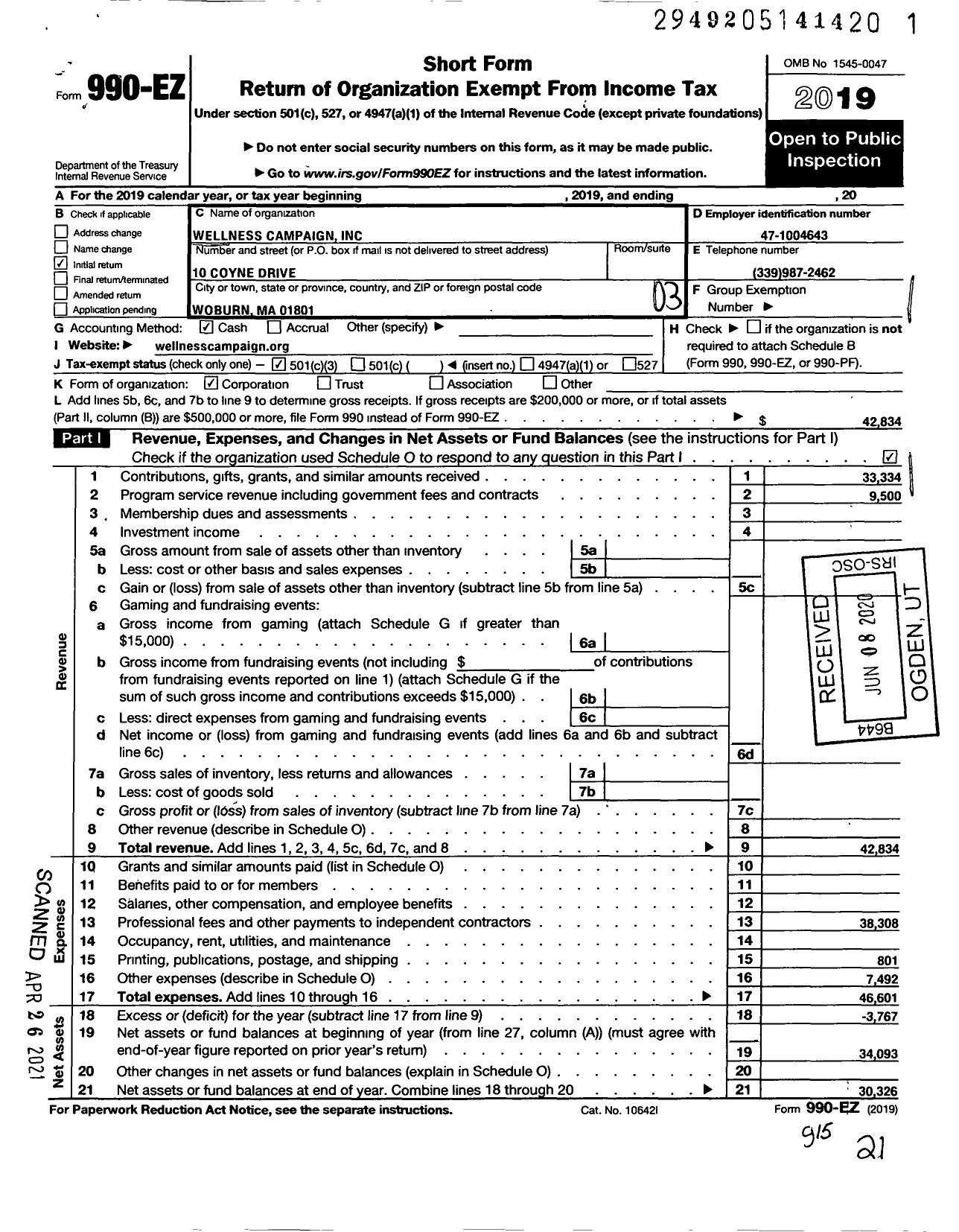 Image of first page of 2019 Form 990EZ for Wellness Campaign