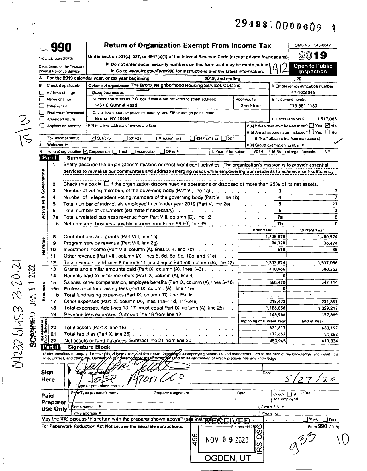 Image of first page of 2019 Form 990 for The Bronx Neighborhood Housing Services CDC