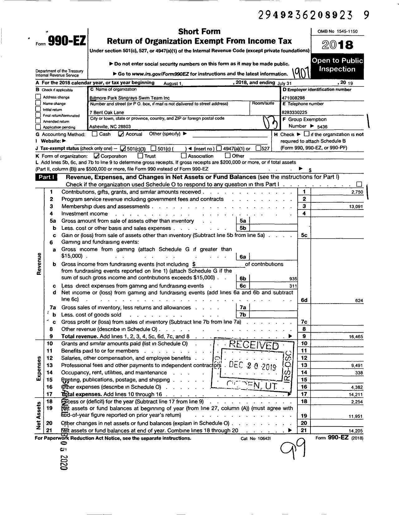 Image of first page of 2018 Form 990EZ for Biltmore Park Stingrays Swim Team