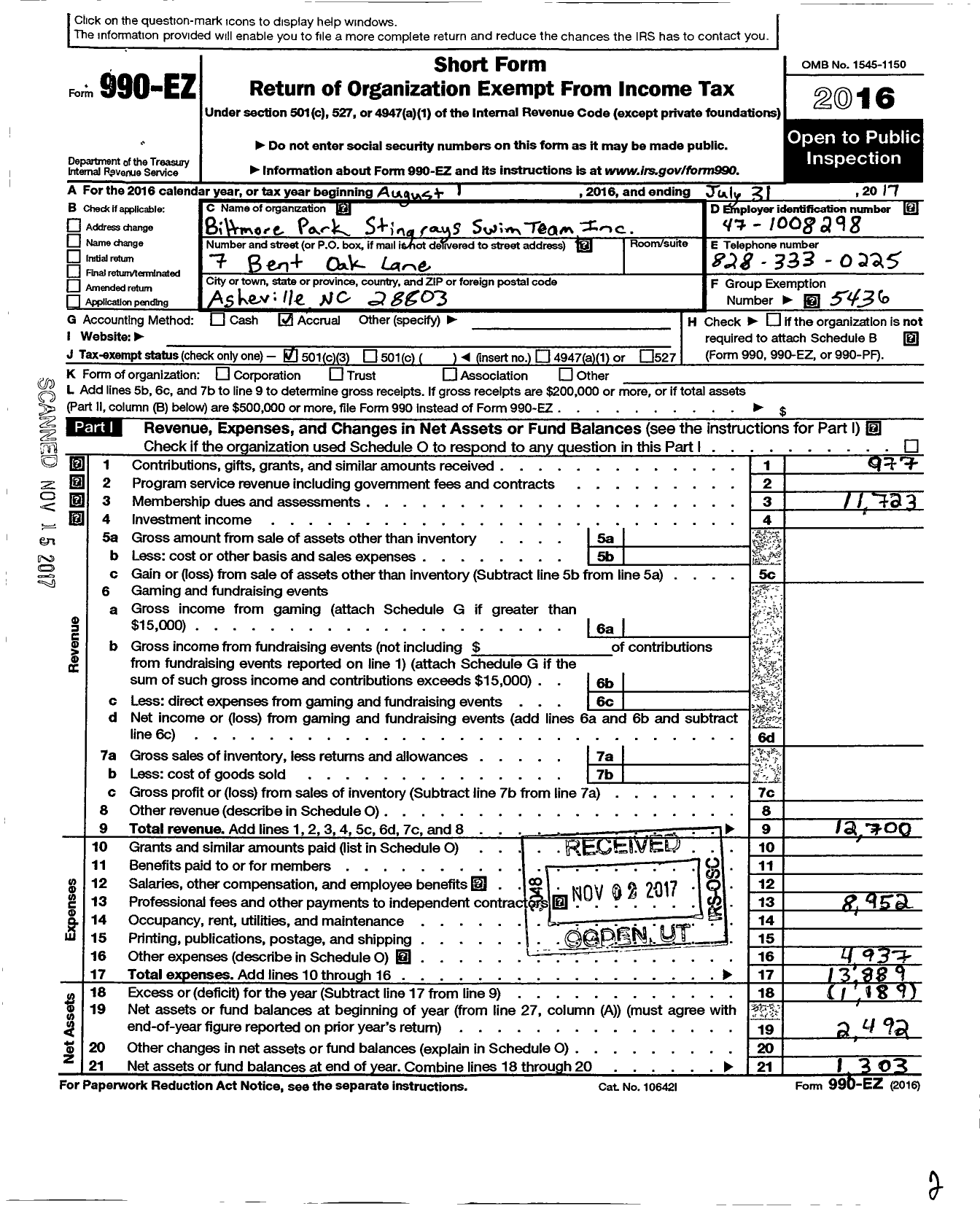 Image of first page of 2016 Form 990EZ for Biltmore Park Stingrays Swim Team