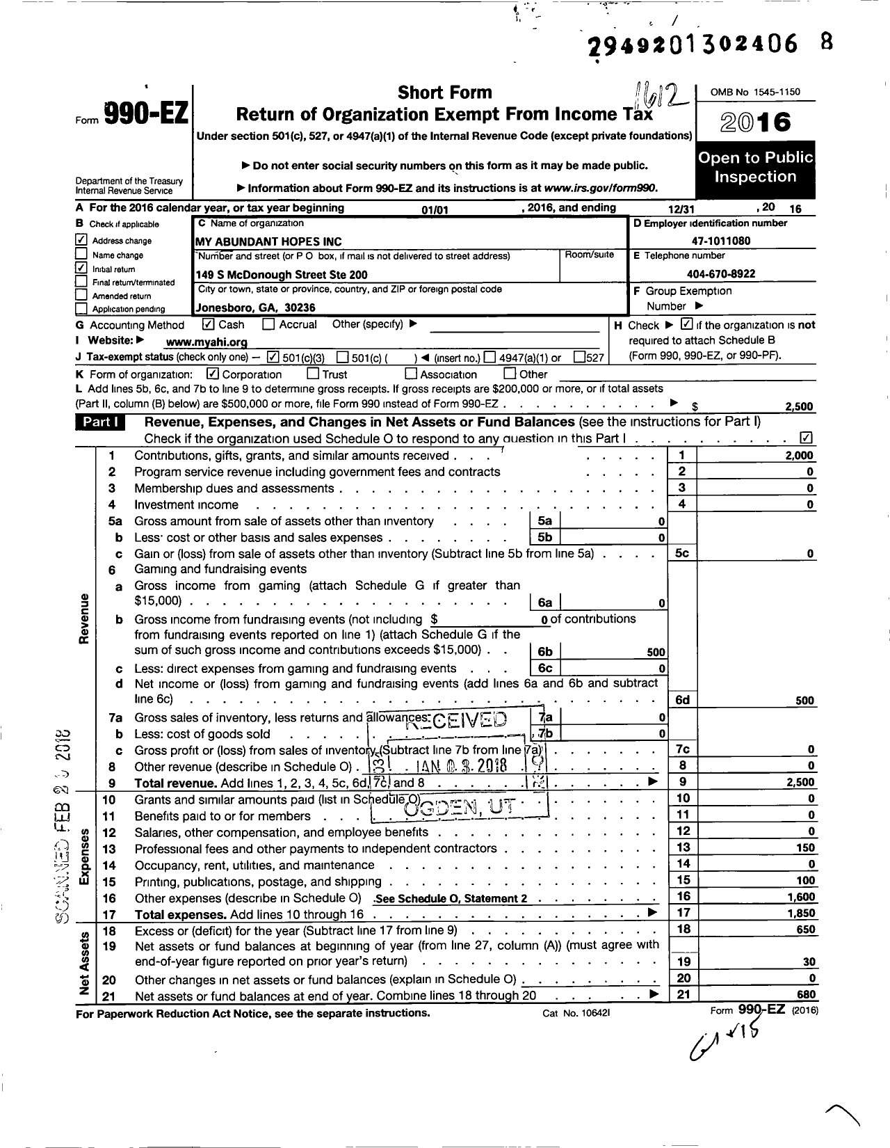 Image of first page of 2016 Form 990EZ for My Abundant Hopes