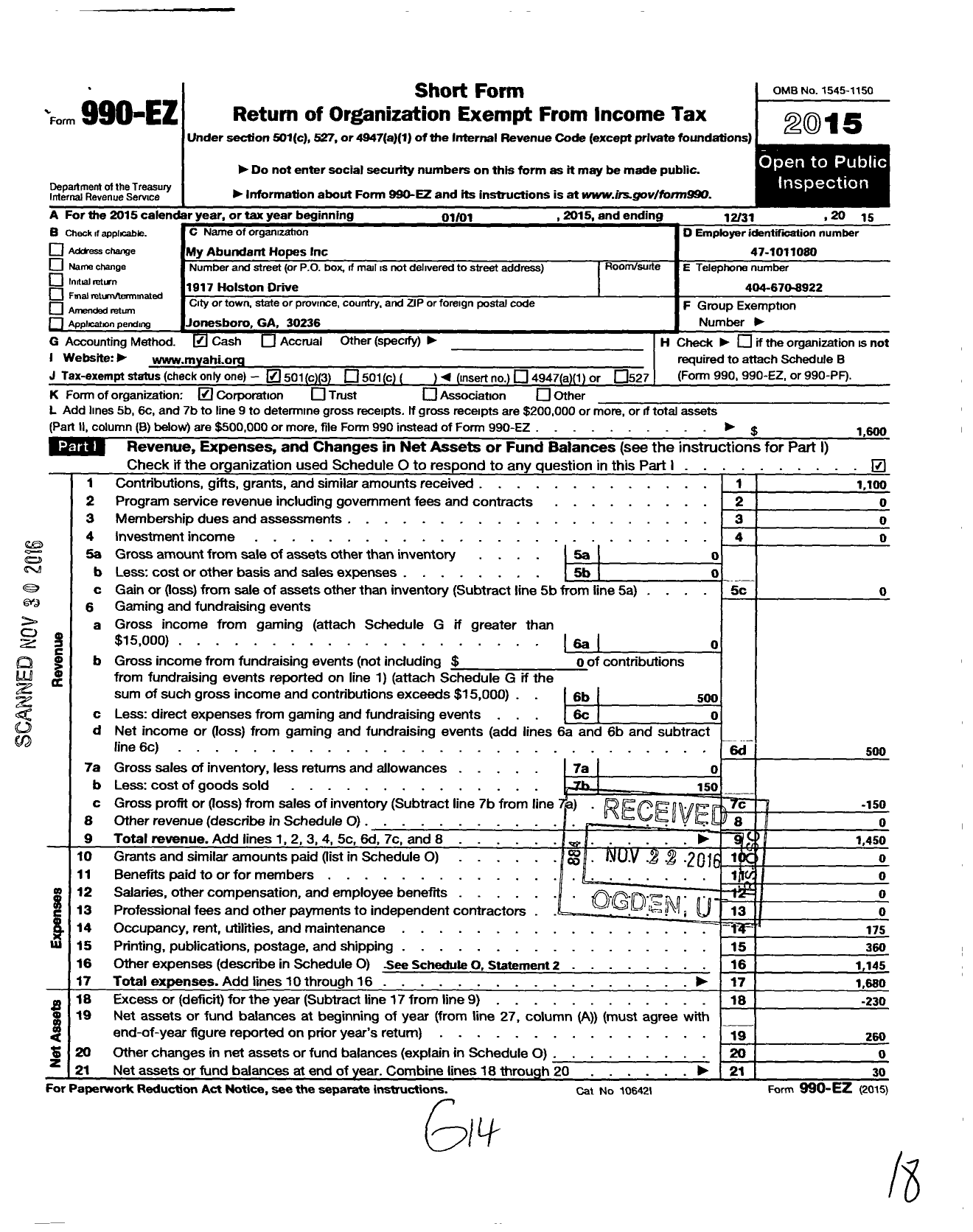 Image of first page of 2015 Form 990EZ for My Abundant Hopes