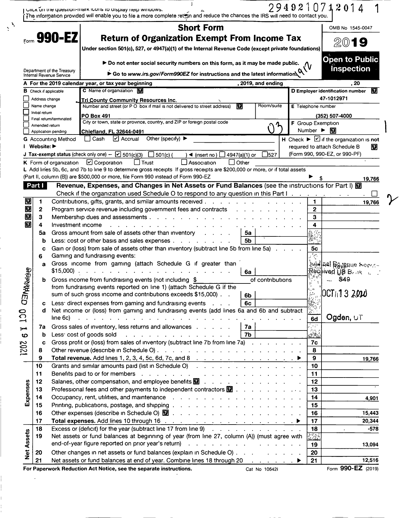 Image of first page of 2019 Form 990EZ for Tri County Community Resources