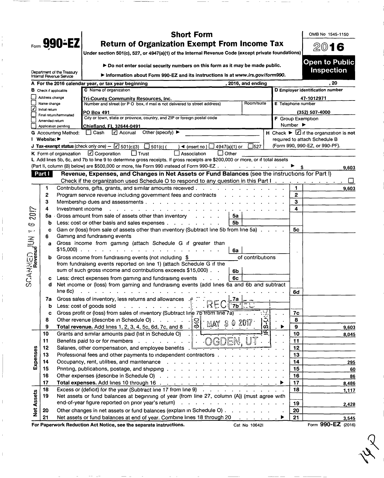 Image of first page of 2016 Form 990EZ for Tri County Community Resources