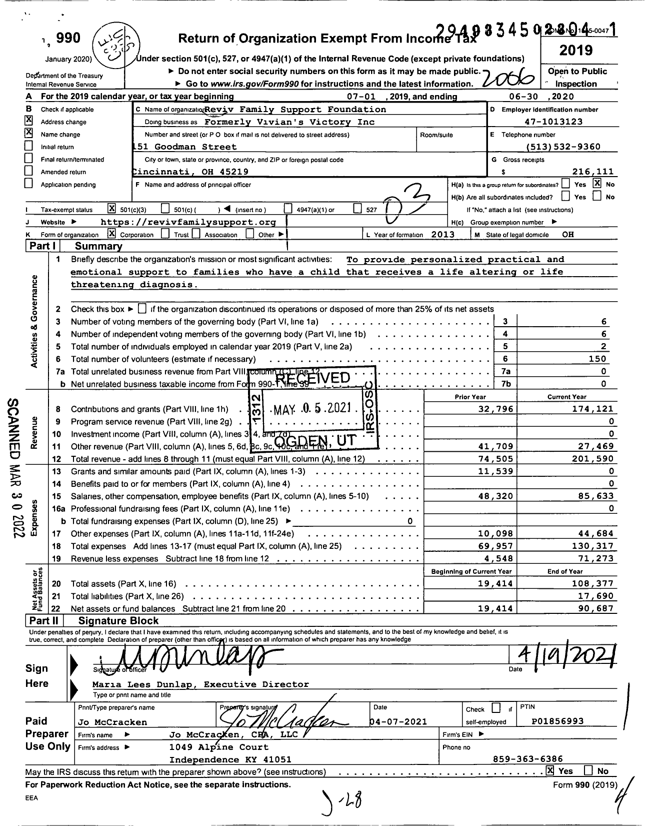 Image of first page of 2019 Form 990 for Reviv Family Support Foundation