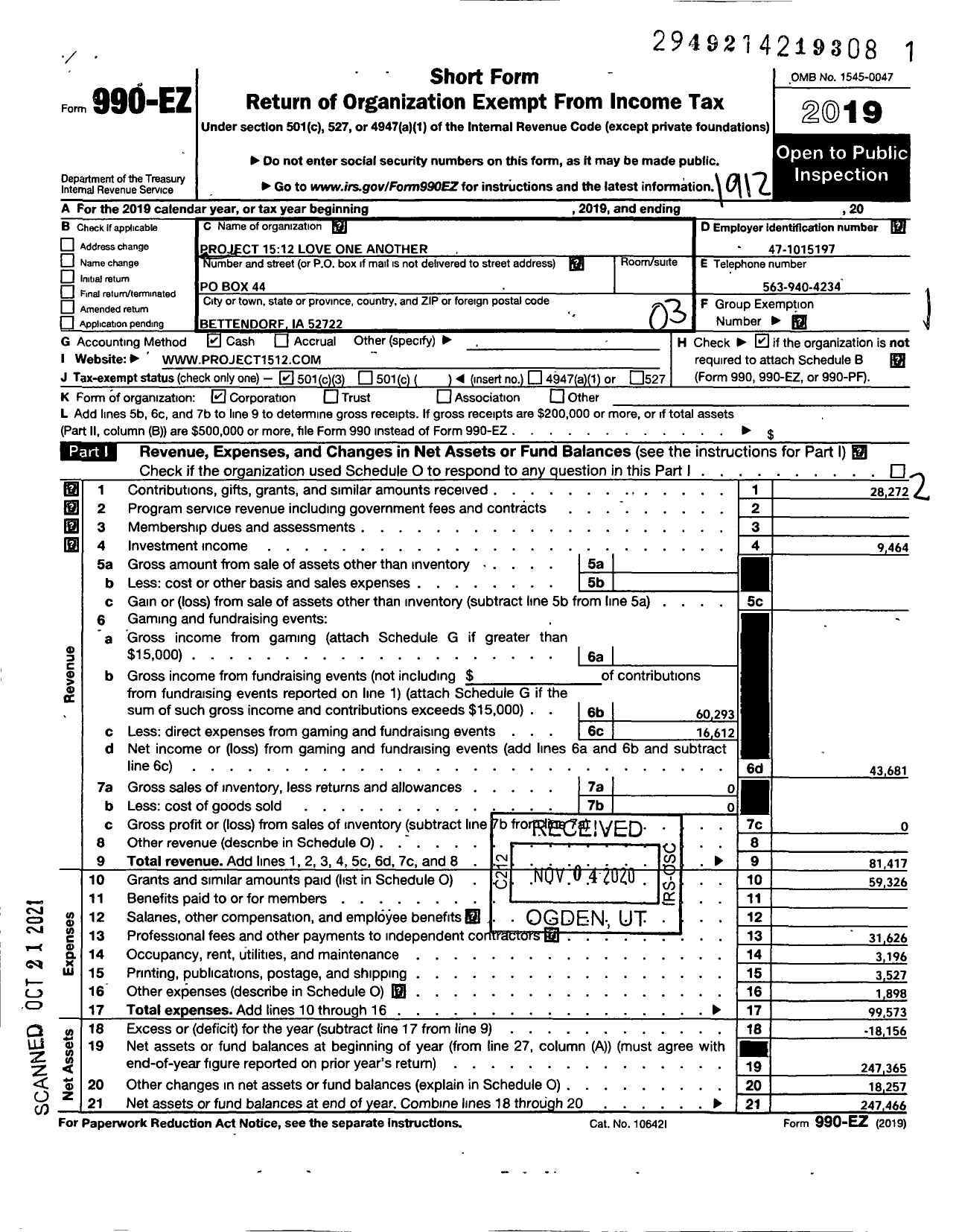 Image of first page of 2019 Form 990EZ for Project 1512-love One Another