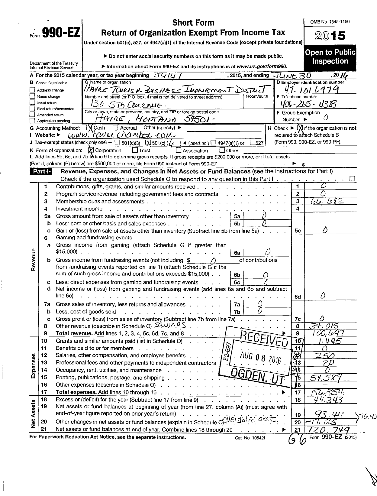 Image of first page of 2015 Form 990EO for HAVRE TOURISM BUSINESS IMprovement district