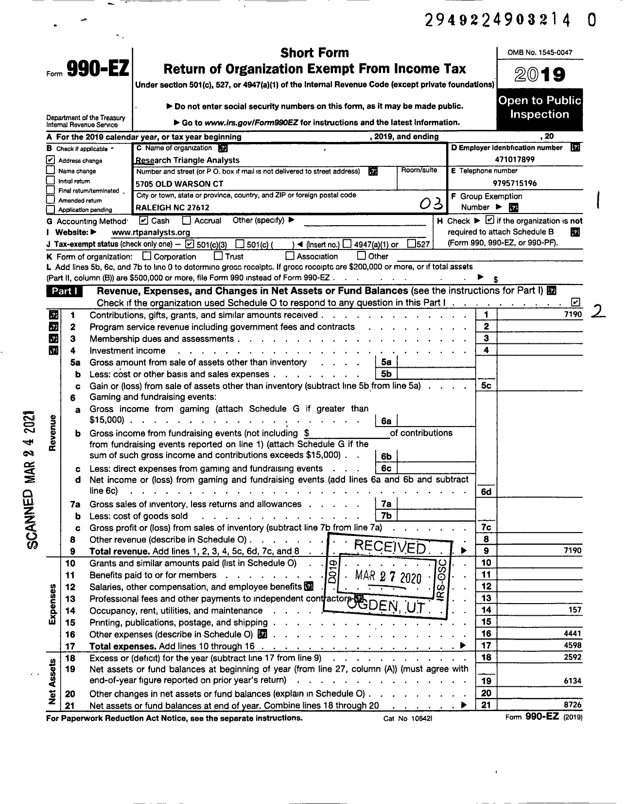 Image of first page of 2019 Form 990EZ for Research Triangle Analysts