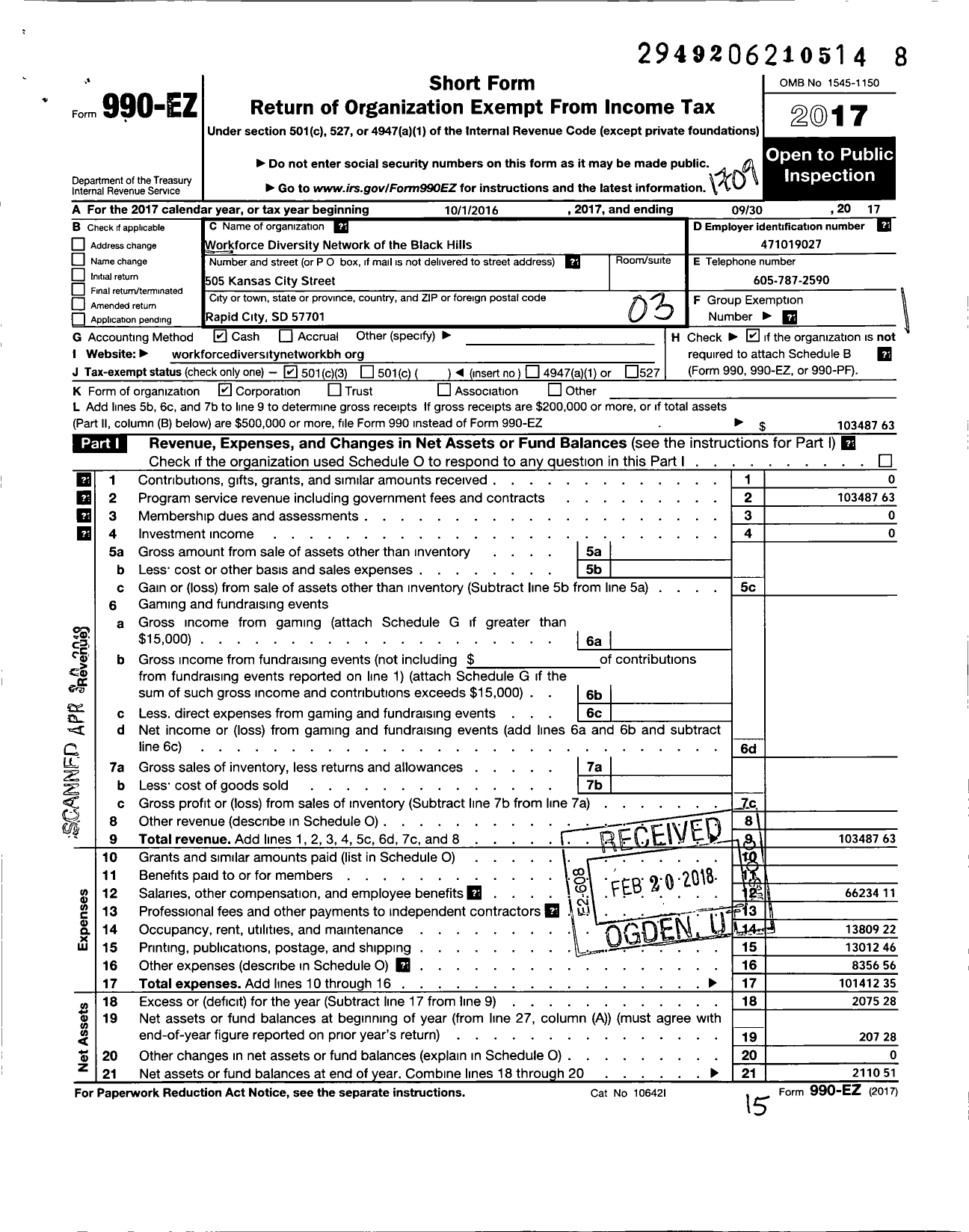 Image of first page of 2016 Form 990EZ for Workforce Diversity Network of the Black Hills
