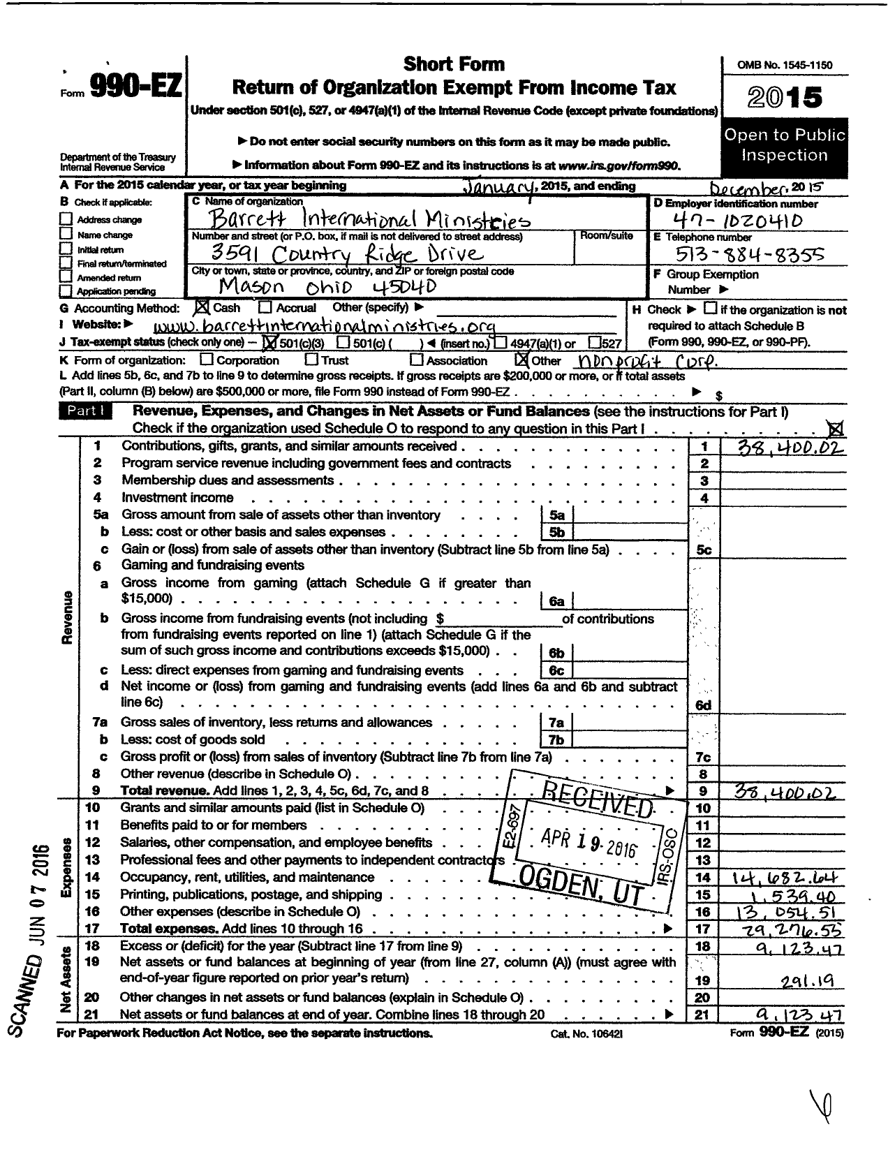 Image of first page of 2015 Form 990EZ for Barrett International Ministries