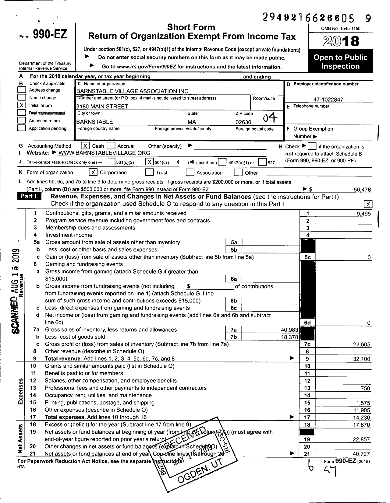 Image of first page of 2018 Form 990EO for Barnstable Village Association