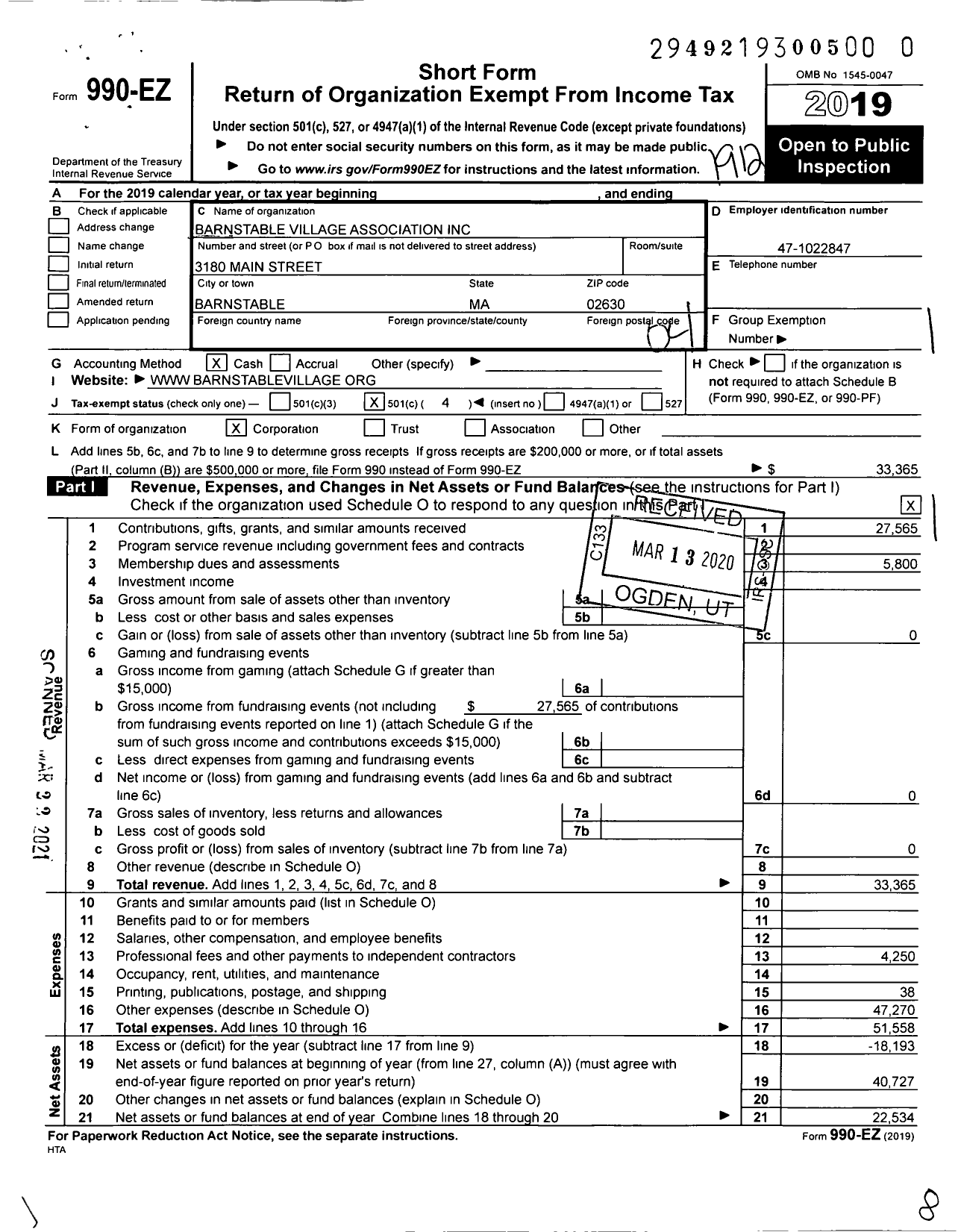 Image of first page of 2019 Form 990EO for Barnstable Village Association