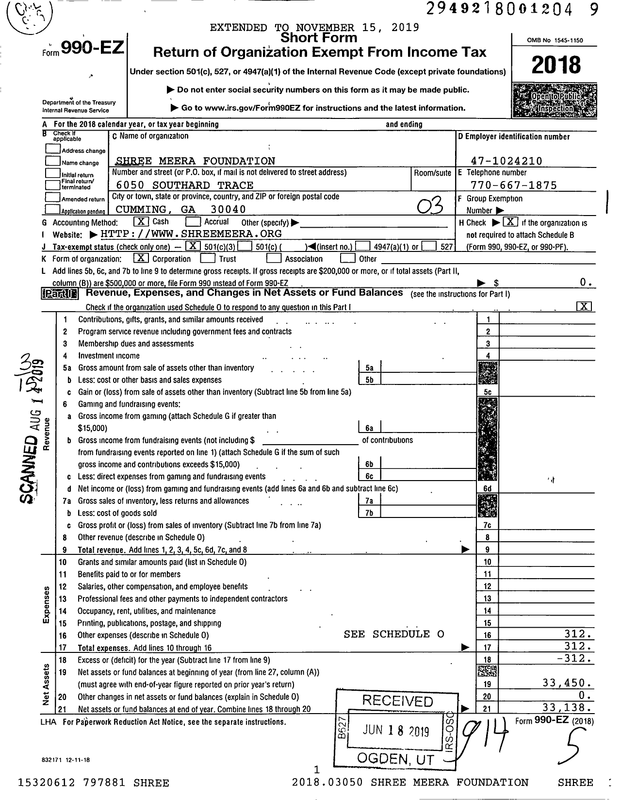 Image of first page of 2018 Form 990EZ for Shree Meera Foundation