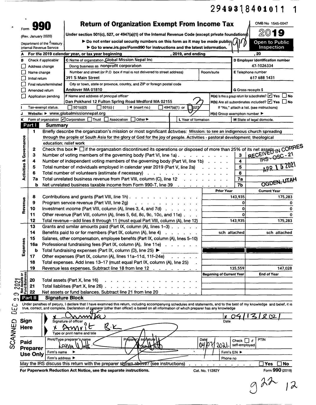 Image of first page of 2019 Form 990 for Global Mission Nepal