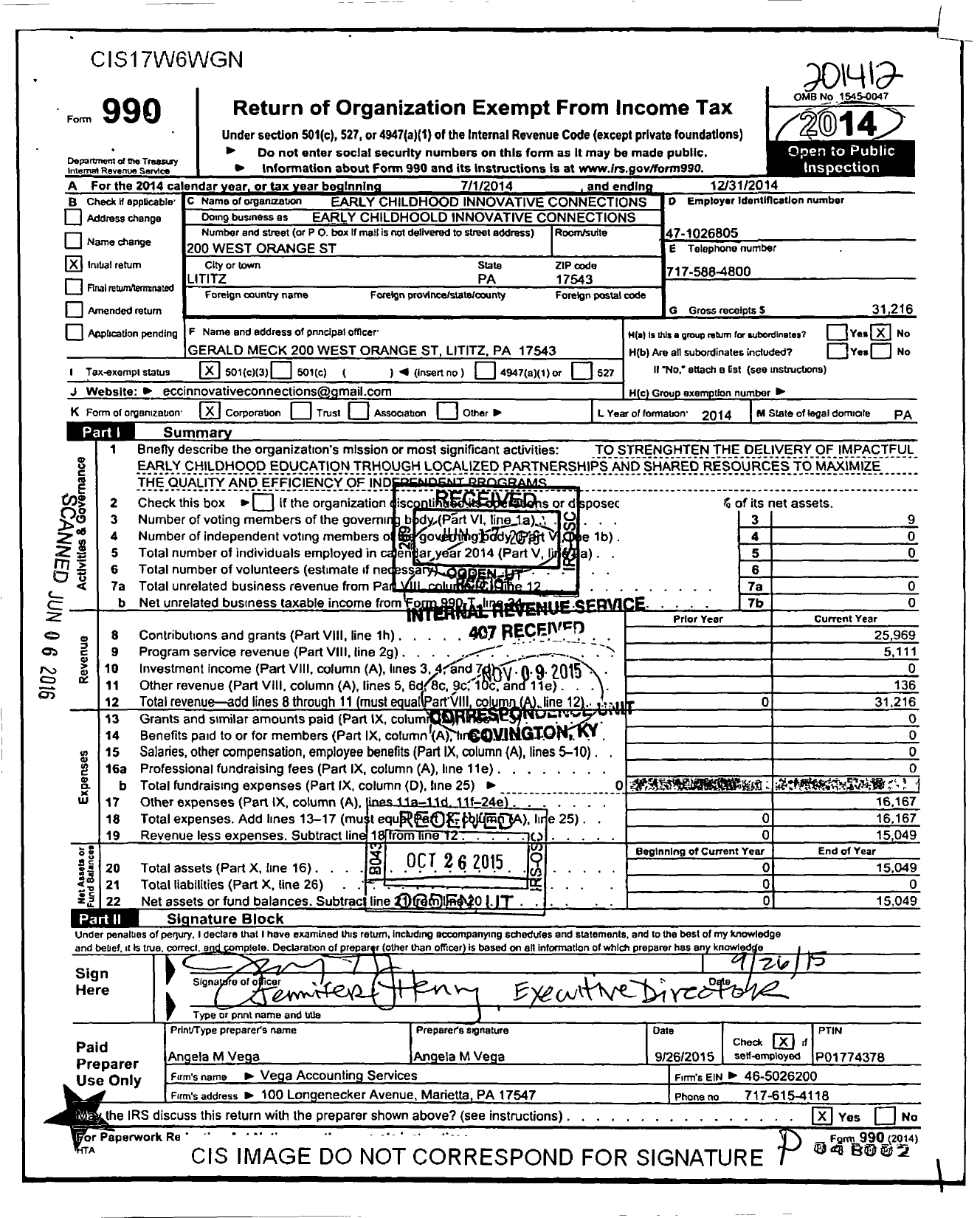 Image of first page of 2014 Form 990 for Early Childhood Innovative Connections