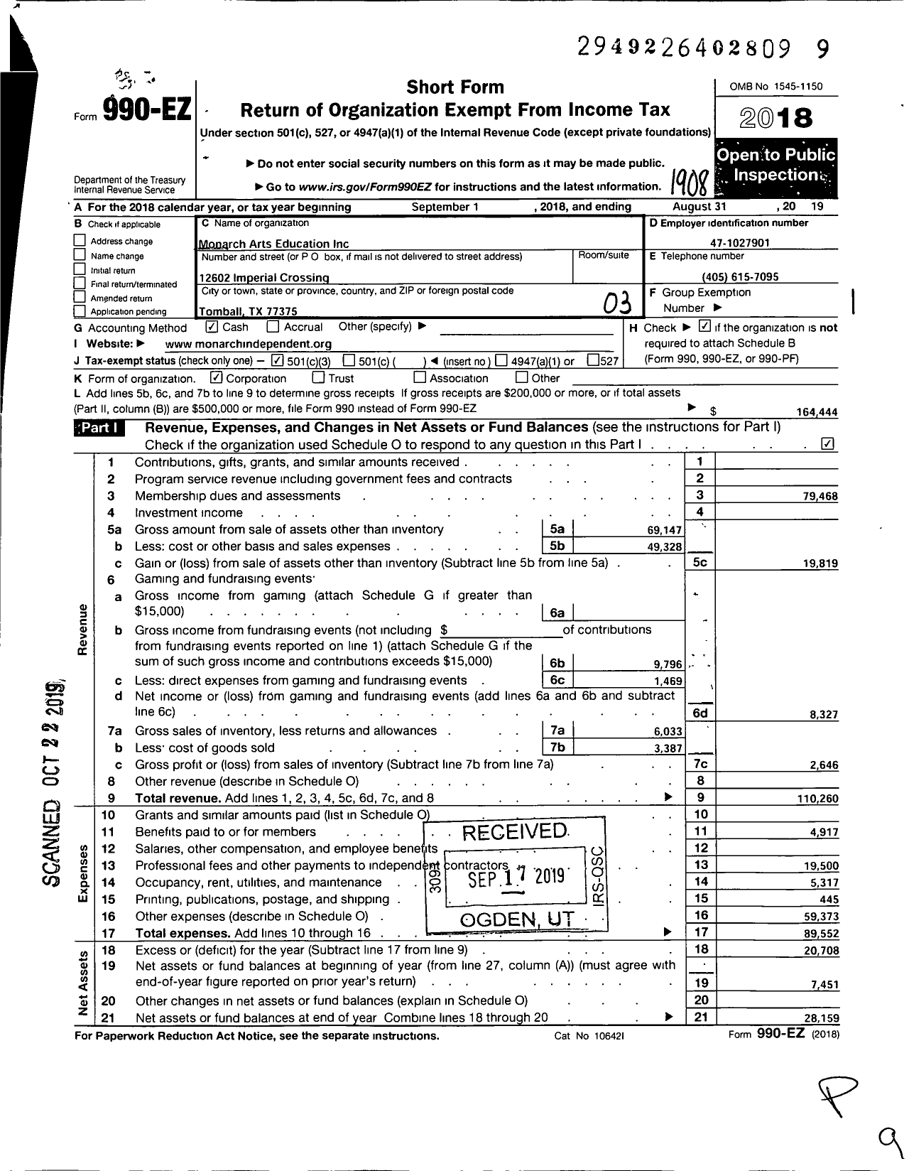 Image of first page of 2018 Form 990EZ for Monarch Arts Education