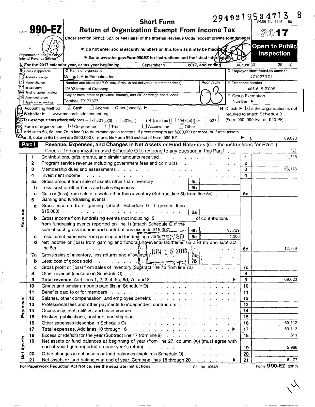 Image of first page of 2017 Form 990EZ for Monarch Arts Education