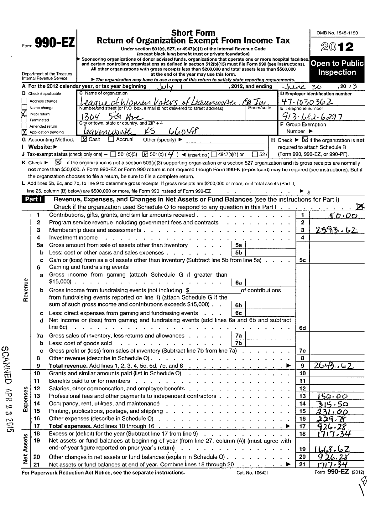 Image of first page of 2012 Form 990EO for League of Women Voters of Kansas