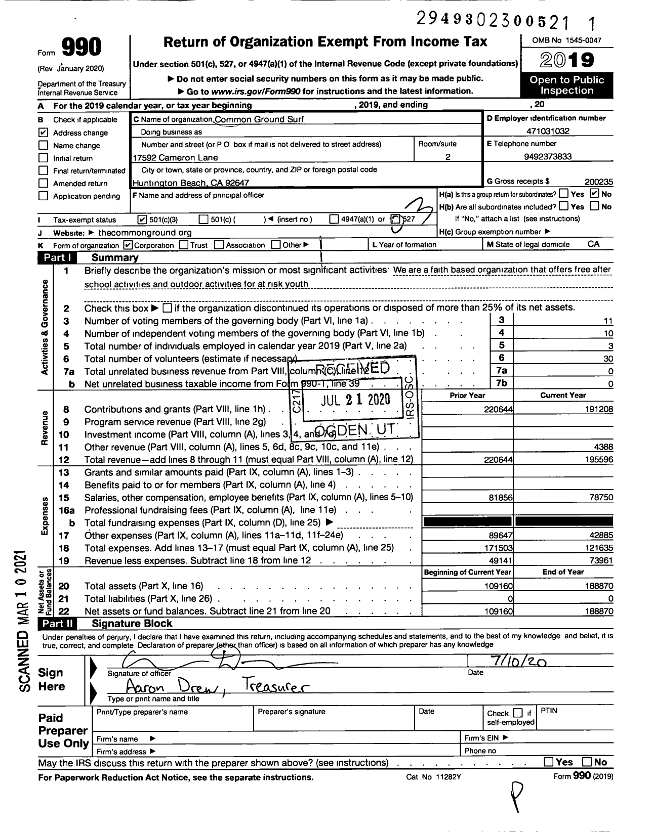 Image of first page of 2019 Form 990 for Common Ground Surf