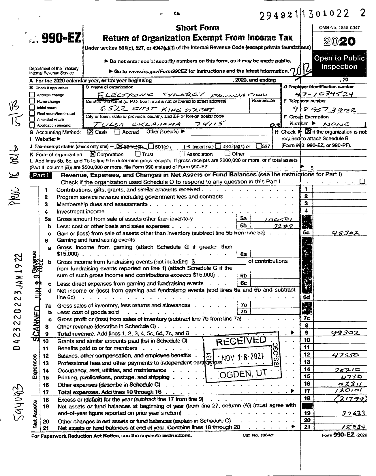 Image of first page of 2020 Form 990EZ for Electronic Synergy Foundation