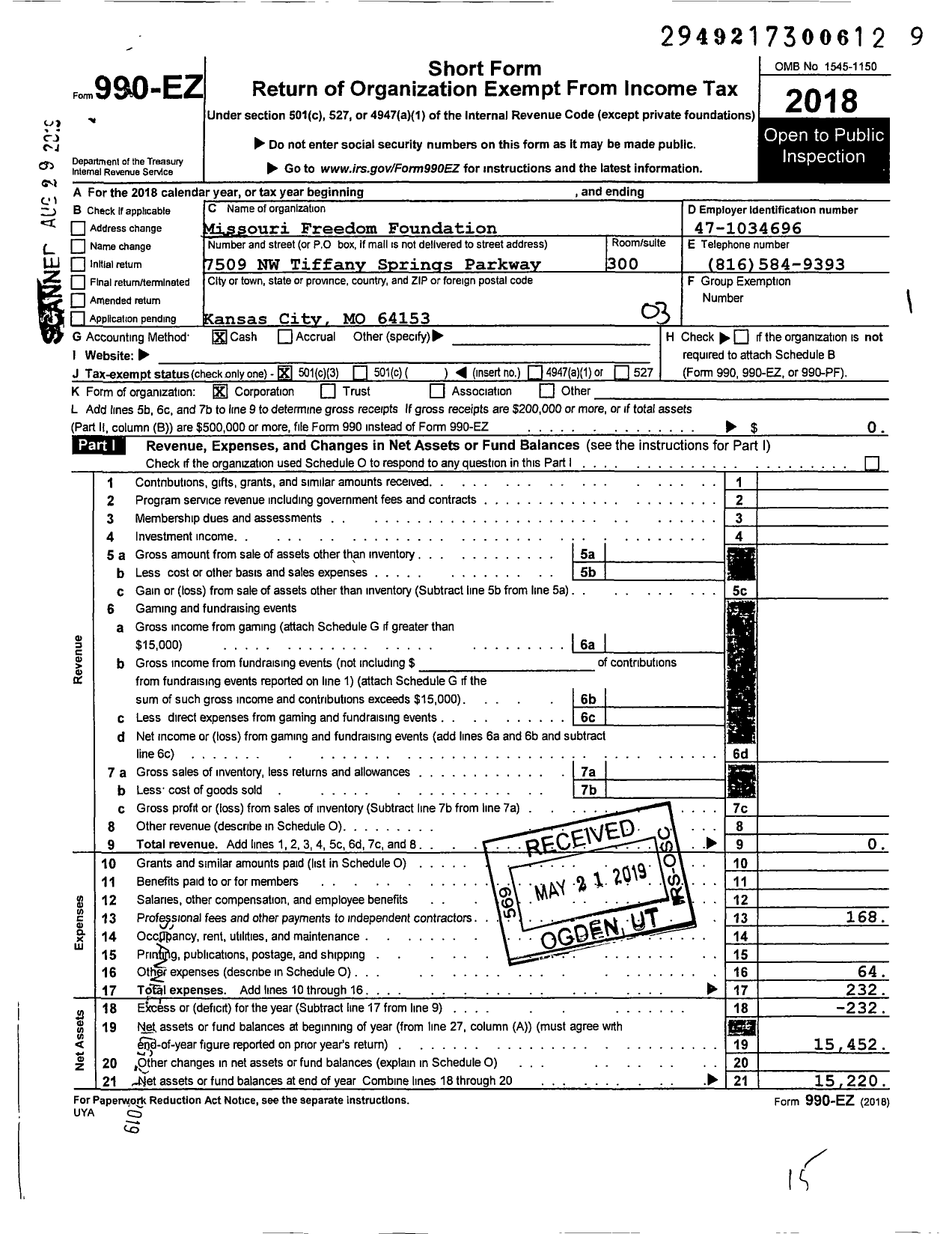 Image of first page of 2018 Form 990EZ for Freedom Foundation of America