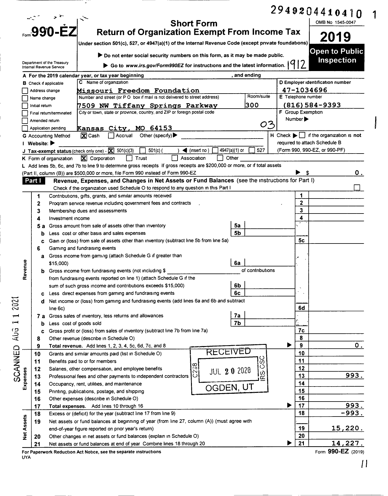 Image of first page of 2019 Form 990EZ for Freedom Foundation of America