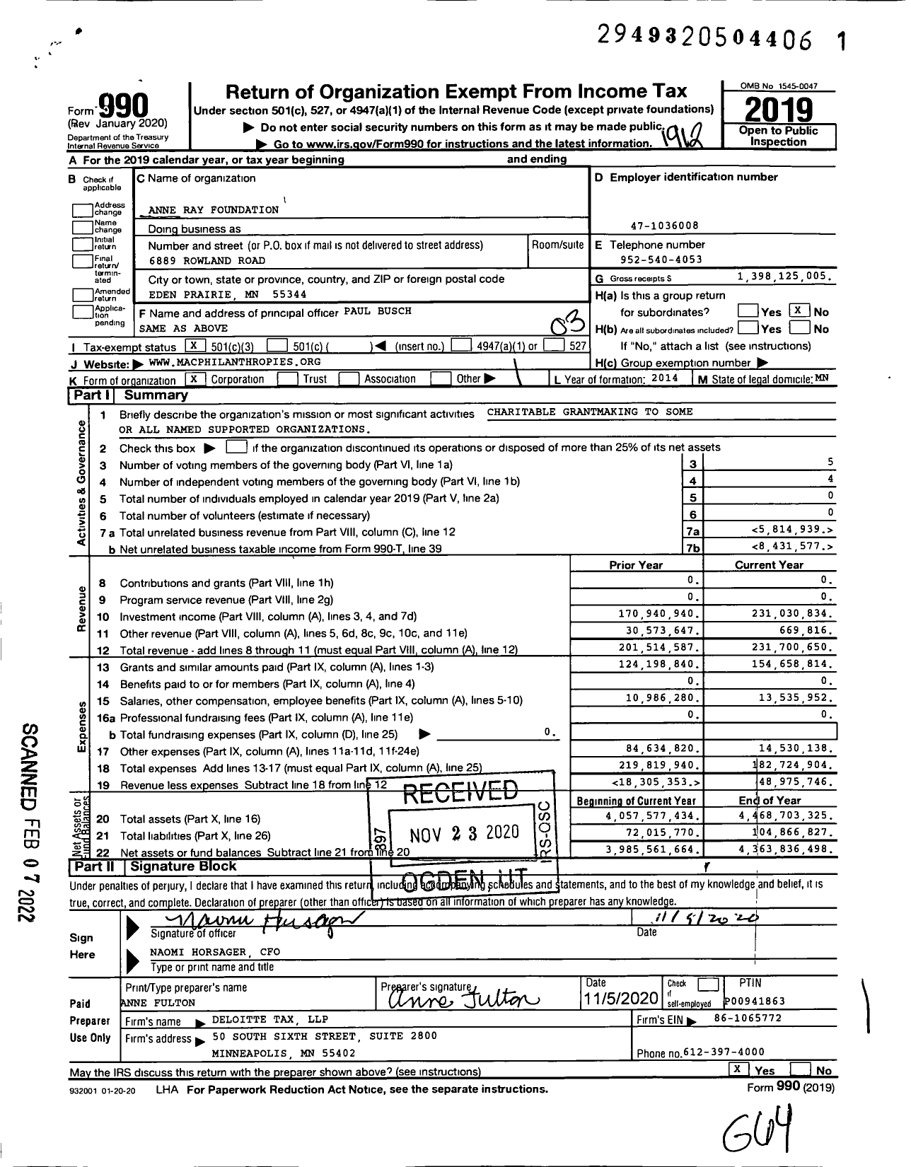 Image of first page of 2019 Form 990 for Anne Ray Foundation